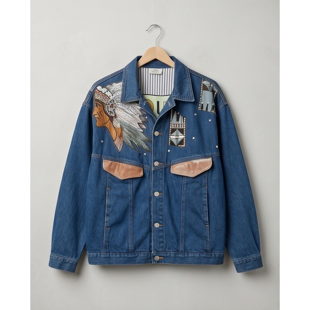 Joujou 2 Vintage Native American Beaded Denim Jacket 80's Blue Cotton Size M/Lā